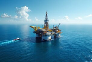 Plataforma de petróleo da Petrobras em alto mar, simbolizando a produção estável de 2,77 milhões de barris de óleo equivalente por dia no 1T25.