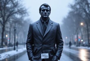 Ativistas do Greenpeace removem estátua de cera de Emmanuel Macron em protesto contra laços comerciais com a Rússia.