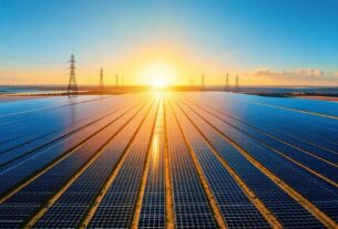 Painéis solares gerando energia limpa em um campo ensolarado, com gráficos mostrando crescimento do setor solar.