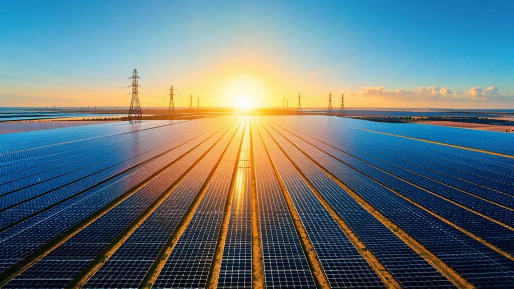 Painéis solares gerando energia limpa em um campo ensolarado, com gráficos mostrando crescimento do setor solar.