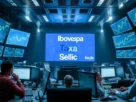 Gráfico do Ibovespa mostrando queda de 1,02% com destaque para ações da Petrobras e bancos.