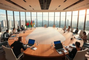 Representação visual dos 11 países membros do BRICS e sua cooperação política e econômica.
