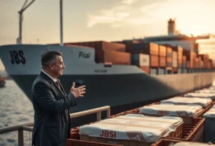 Primeiro embarque de carne bovina da JBS para o Vietnã, com presença de autoridades brasileiras e vietnamitas.