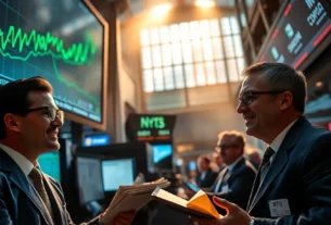 Gráfico de alta de índices de Wall Street e impacto positivo de resultados corporativos.