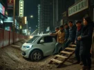 Robotáxi da Baidu cai em vala de obra em Chongqing, China, levantando preocupações sobre veículos autônomos.