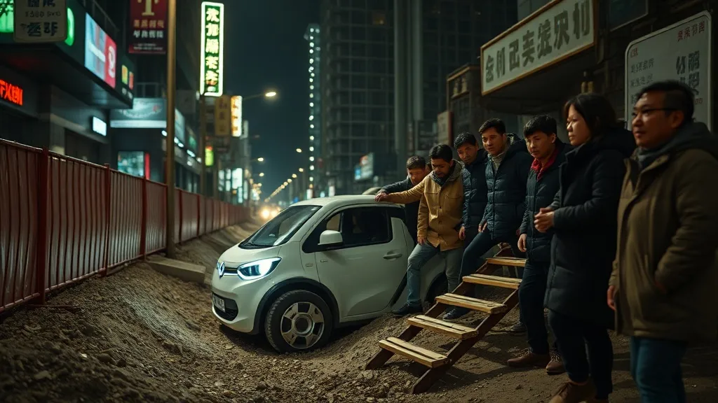 Robotáxi da Baidu cai em vala de obra em Chongqing, China, levantando preocupações sobre veículos autônomos.