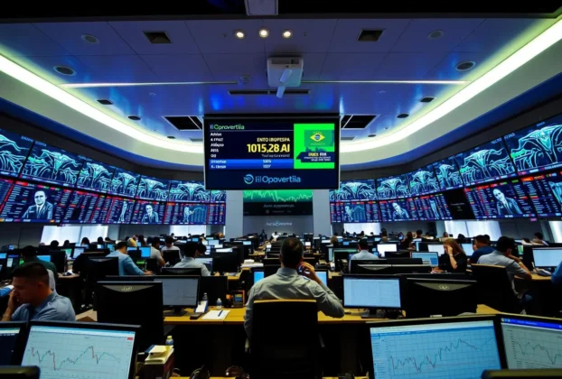 Gráfico do Ibovespa em alta com destaques para dólar, juros e desempenho de ações como Petrobras e Magazine Luiza.