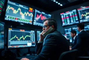 Gráfico do Ibovespa em queda, dólar em alta e indicadores de juros, refletindo volatilidade do mercado financeiro brasileiro.