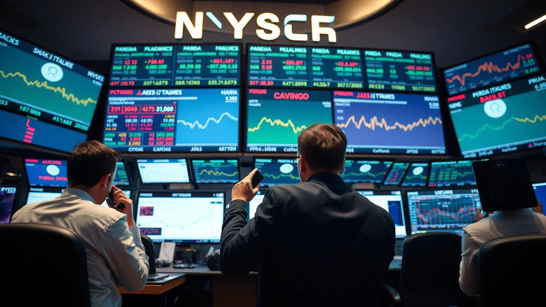 Queda das ações bancárias globais por preocupações com crédito nos EUA, mostrando gráficos em baixa e aversão ao risco